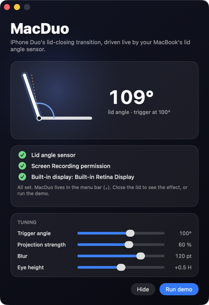 MacDuo status window: live lid angle gauge, permission checks, and tuning sliders